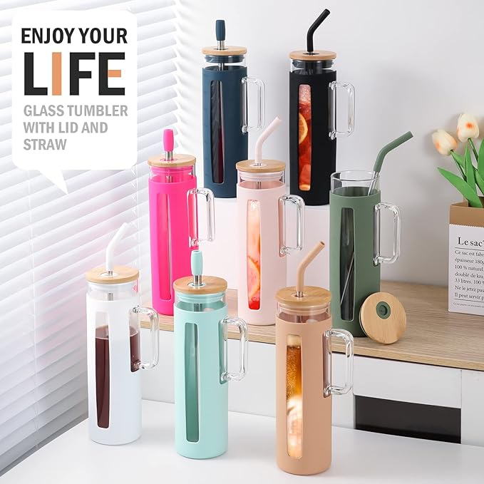 Kodrine Tumbler with Lid and Straw, 24 oz Glass Tumbler with Handle, Iced Coffee Cup Boba Smoothie Cup, Coffee Tumbler Water Tumbler Cups with Bamboo Lid Home Office Tumblers, Amber