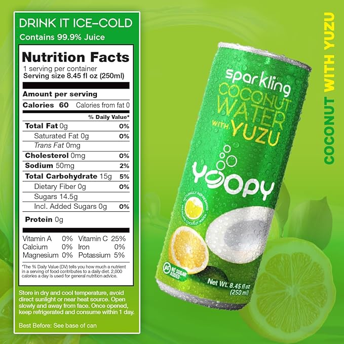Yoopy Sparkling Coconut Water with Yuzu – 12 Pack (8.45 fl oz Cans) | Refreshing Tropical Sparkling Drink, Low Calorie, Hydrating & Naturally Flavored