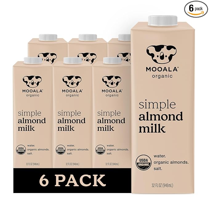 Mooala Organic Simple Almond Milk, 32oz - 3 Ingredient, Shelf Stable, No Gums, No Oils, No Fillers, Unsweetened, Non-GMO, No Additives, Dairy Free Plant Based Milk, 6 pack