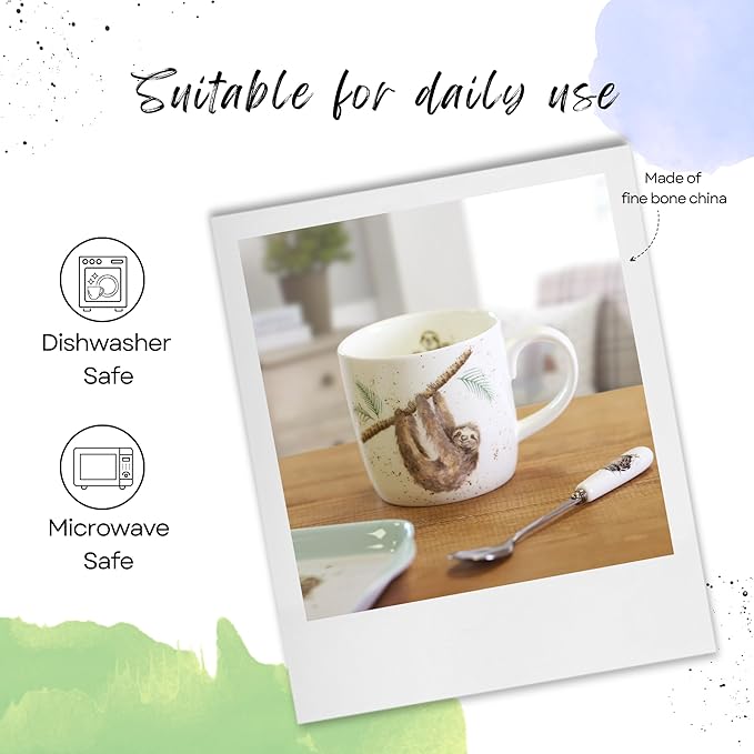Royal Worcester Wrendale Designs Farmhouse Style Mug, Hanging Around - 14 oz Fine Bone China Mug with Sloth Illustration for Cozy Kitchen Vibes - Floral Drinkware for Daily Comfort
