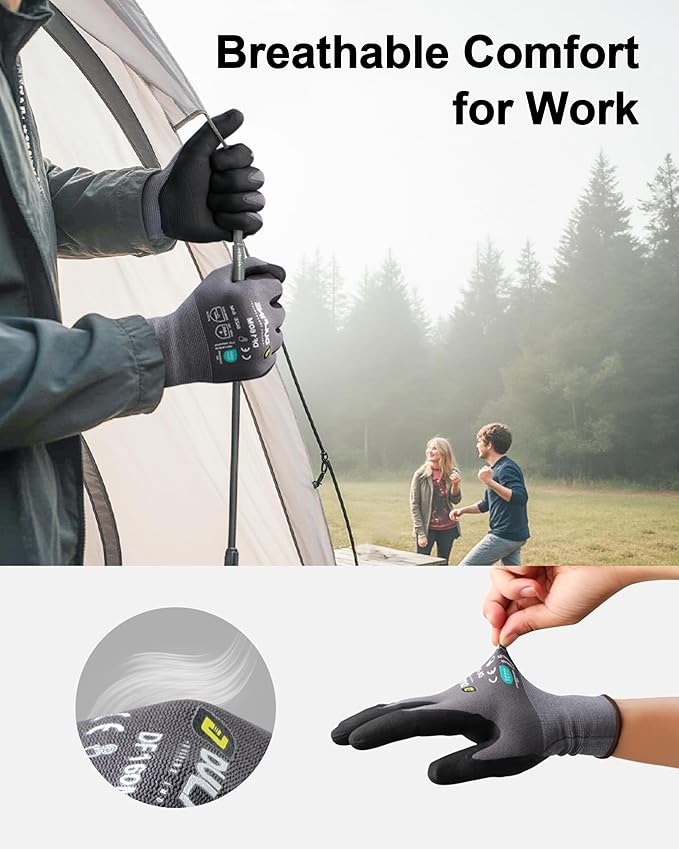 DULFINE Safety Work Gloves MicroFoam Nitrile Coated-12 Pairs Pack,Seamless Knit Nylon Glove with Black Micro-Foam Nitrile Grip,Ideal for General Purpose,Automotive,Home Improvement,Painting(Medium)