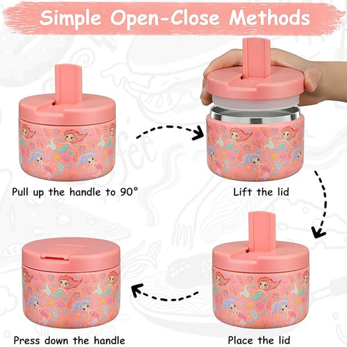 12oz Insulated Vacuum Food Jar with Buckle Lid Wide Mouth Soup Thermo for Hot Food Kids Leakproof Stainless Steel Lunch Container (mermaid)