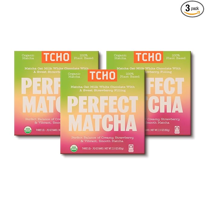 TCHO Perfect Matcha Chocolate Bar 3 Pack - Organic Oat Milk Chocolate with Matcha Shell and Strawberry Filling - Plant-Based Non-GMO Matcha Snacks