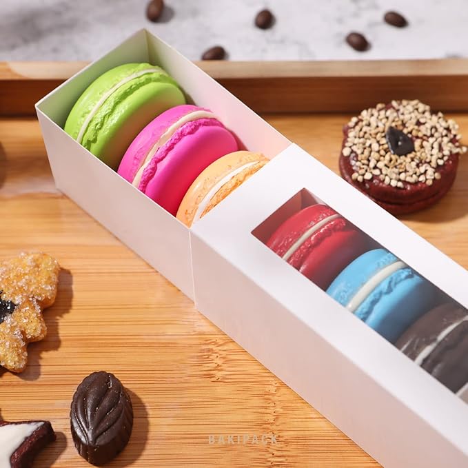 25 Macaron Boxes for 6 Macarons White Macaron Boxes with Interior Measurement 7.3" x 1.9" x 1.9" Macarons Gift Boxes with Clear Window (without Macaron inside)
