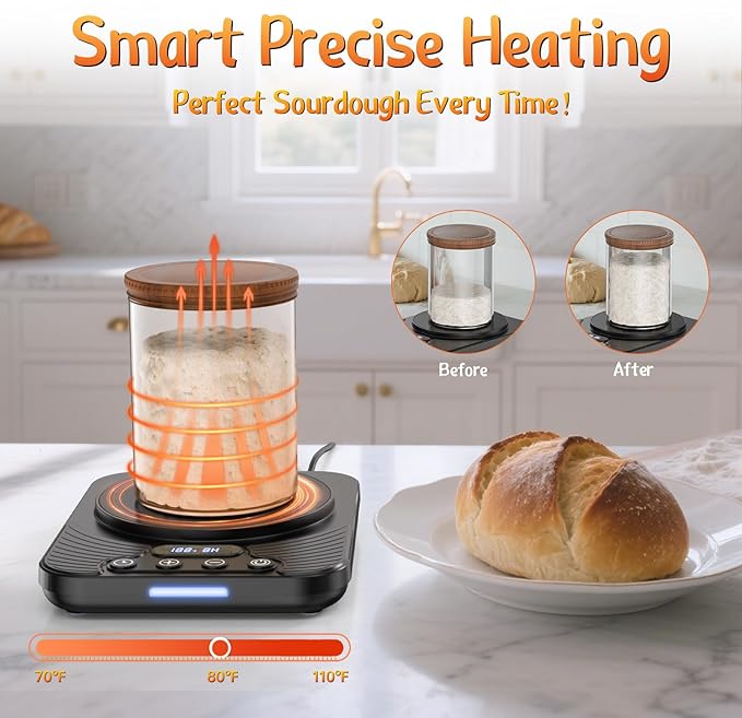 Sourdough Starter Warmer – Precise 1°F Thermostat (70–110°F), Warming Mat with 24H Timer & Auto On/Off Memory, Ideal for Bread Fermentation & Yogurt