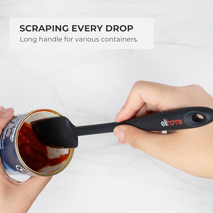 Elihome Skinny Silicone Spoonula - Non-Stick Heat Resistant Silicone Scraper Spatula for Mixing, Serving, Scraping, Stirring, and More - 11 Inch, Black