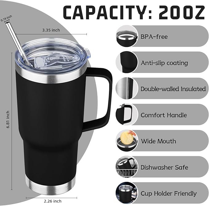 20 oz Tumbler with Handle Stainless Steel Insulated Coffee Mug Tumbler with Lid and Straw Double Wall Vacuum Insulated Coffee Mug Leak Proof Travel Mug Tumbler for Hot and Cold Drink (Mix Color-1)