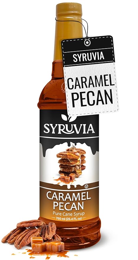Syruvia Caramel Pecan Coffee Syrup - 25.4 fl oz. Kosher, and Gluten-Free. Ideal for Enhancing Drinks, Sodas, Shakes, Desserts, and More.