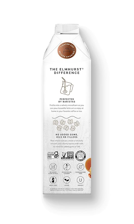 Elmhurst 1925 Maple Walnut Milk Barista Edition – 32 Ounce (Pack of 6) Plant-Based, Extra Creamy, Vegan, Dairy-Free, Non-GMO, Kosher, Sweetened with Real Maple Syrup for Flavorful Lattes & Iced Drinks