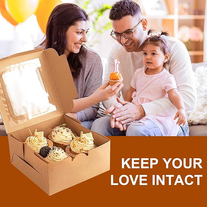 OAMCEG 50 PCS Cookie Boxes with Window, 6x6x3 Inch Cupcake Boxes, Brown Bakery Containers for Pastry, Dessert, Chocolate Strawberries, Treat Boxes with Stickers & Jute Twine
