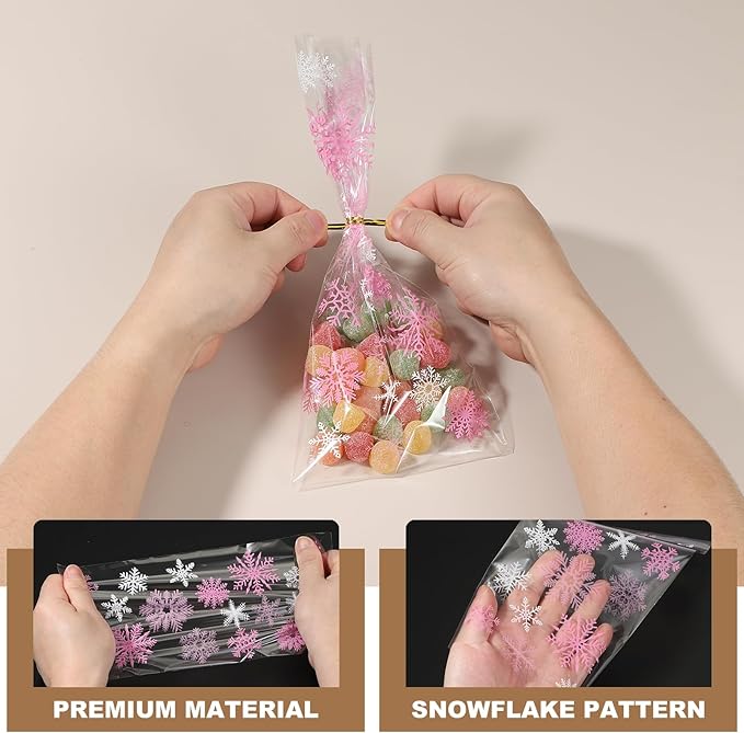uxcell 100pcs Snowflake Treat Bags, Cookie Bags with Twist Ties for Candy Package Christmas Holiday Winter Party Favors, White