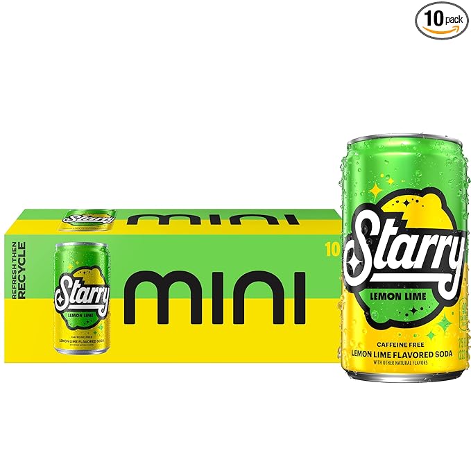 Starry Lemon Lime Soda, Caffeine Free, Mini Cans, 7.5 Fl oz (Pack of 10)