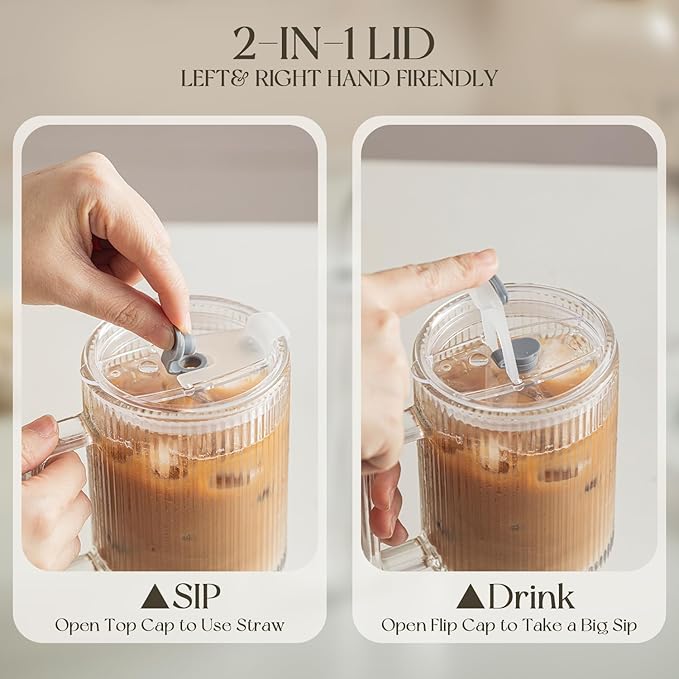 KEMORELA 4PCS 24oz Ribbed Glass Tumblers with Lids & Straws – Textured Handle Drinking Glasses for Iced Coffee, Smoothies, Cold Beverages – Reusable Clear Drinkware Set, Dishwasher Safe