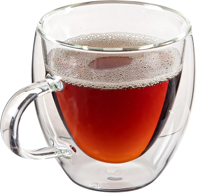 Restaurantware-Forma Professional 5.1 Ounce Glass Coffee Cups, 12 Insulated Coffee Cups With Handle - Dishwashable, Reusable, Clear Double Wall Beverage Tumblers, Freezable, For Hot Or Cold Beverages