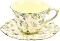 TATSUMI Country Roses Bone China Tea Cup and Saucer Set, 3 Pieces, Vintage Style, For Women and Tea Parties(yellow,1 Set)