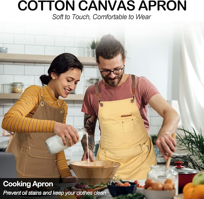 Genixart 6 Bulk Pack Chef Apron for Men Women with Pockets, Cross Back Apron for Kitchen Cooking Baking Artist Painting, Cotton Canvas Work Aprons for Restaurant, Cafe Shop, Garden (Brown, M to XXL)