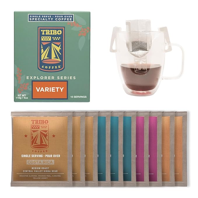 Tribo Coffee Single-Serve Portable Pour Over Drip Coffee - Explorer Variety - 10 Servings (Light - Medium Roast)