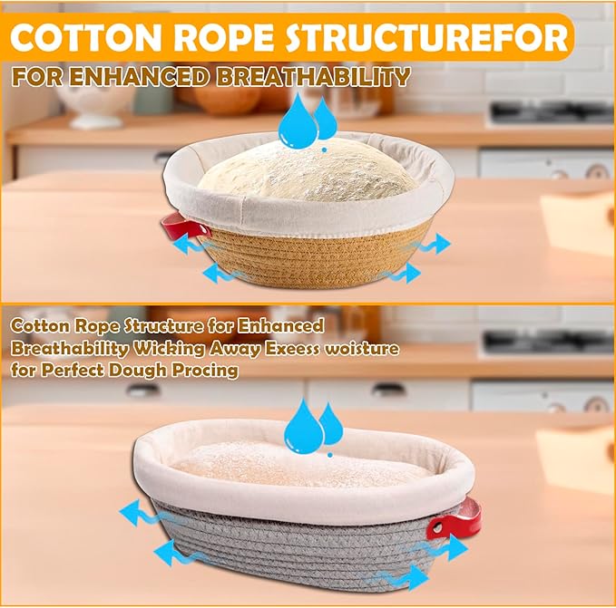 Handmade Cotton Rope Banneton Bread Proofing Basket Set,Oval & Round Bread Baskets - With Liner & Cloth Cover，for Home Sourdough Bakers Baking