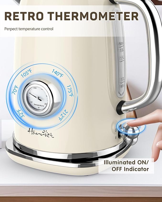 Harriet Electric Kettle, 1.8L Retro Electric Tea Kettle with Thermometer, 1500W Stainless Steel Hot Water Kettle Electric with LED Indicator, Fast Boiling, Cordless, Auto Shut-Off, Beige White