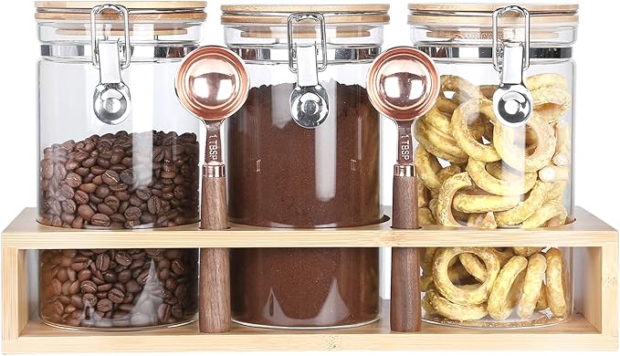 KKC Glass Airtight Coffee Bean Storage Containers for Counter,Ground Coffee Holder Jars,Airtight Glass Countertop Storage Jar Canisters with Spoon for Coffee,Loose Tea,40 Fluid-oz,Pack of 3