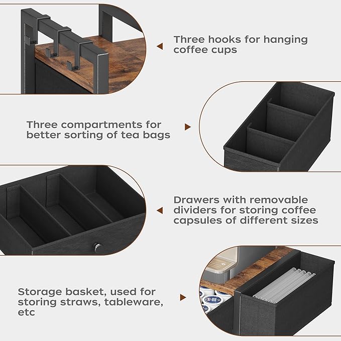 Homeiju Coffee Pod Drawers - K Cup Organizer, Nespresso Pods Holder with Mug Rack, Coffee Holder for Countertop, 52 Capacity Pods, Suitable for Kitchens, Offices and Coffee Bars（Patent Pending）