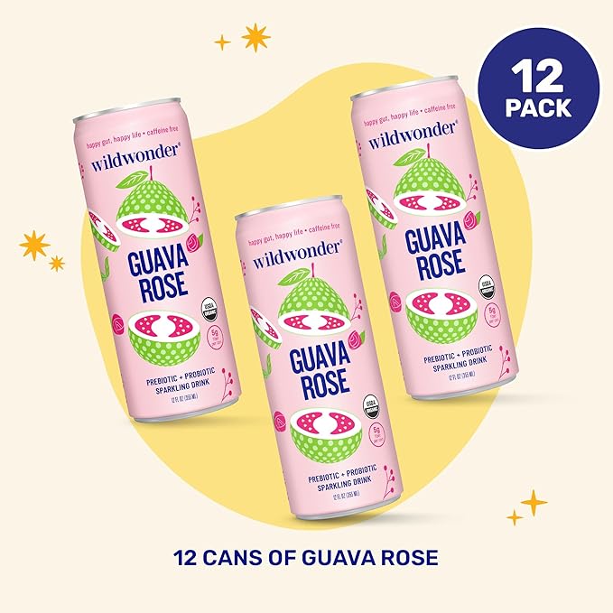 wildwonder Sparkling Probiotic Drink 12pk, For Gut Health & Immune Support, Guava Rose, 5g Prebiotic Fiber, Live Probiotics, Organic, Vegan, Low Sugar, 12 Pack, 12oz Can, As Seen on Shark Tank