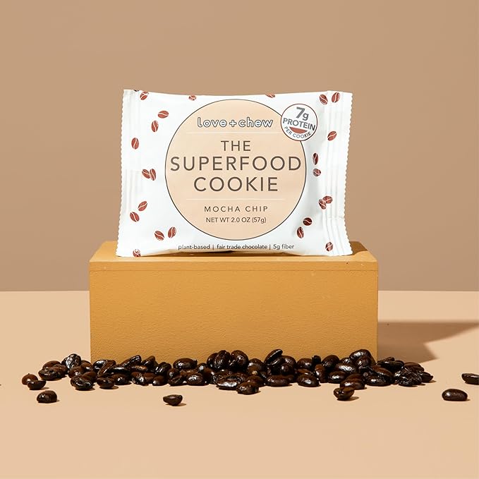 Love + Chew Superfood Soft Baked Cookies, Mocha Chip Flavor, Plant Based Cookie Made With Coffee Extract & Dark Chocolate for Kids and Adults, Vegan Snacks, Gluten Free, Paleo, Non GMO, 60 Pack