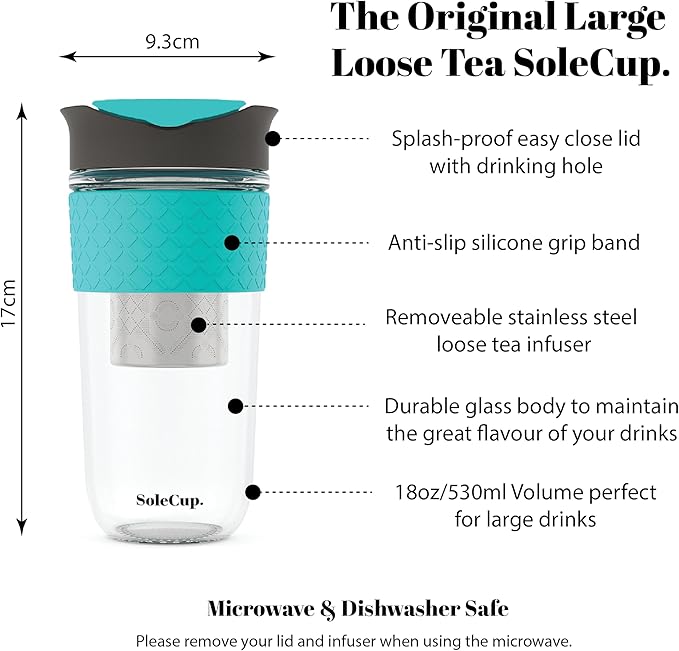 Large Travel Mug Loose Tea Infuser - Detachable Tea Strainer with Spill Proof Lid - 18oz/530ml BPA-Free Reusable Glass Travel Coffee Cup with Silicone Band (Grey and Blue)
