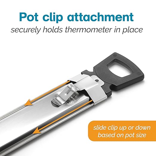 Polder Candy/Jelly/Deep Fry Thermometer, Stainless Steel, with Adjustable Sliding Pot Clip Attachment and Quick Reference Temperature Guide
