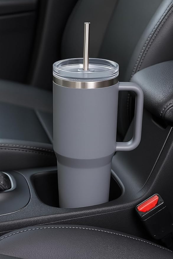 40oz Stainless Steel Tumbler with Handle & Metal Straw – Insulated Double Wall Travel Mug with Lid, Large Coffee Cup for Hot & Cold Drinks, Fits Car Cup Holders