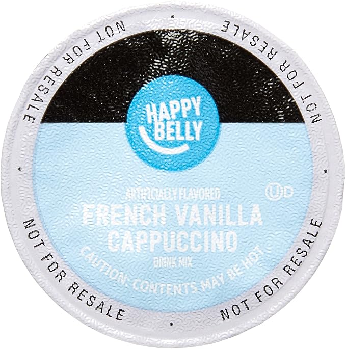 Amazon Brand - Happy Belly Cappuccino Coffee Pods Light Roast Compatible with 2.0 K-Cup Brewers, French Vanilla Flavored, 24 Count, 1.5 pound (Pack of 2)