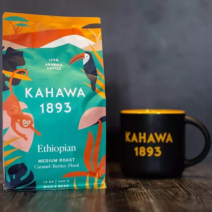 Kahawa 1893 Whole Bean Coffee Medium Roast Ethiopian Blend 12 Oz - As Seen on Shark Tank, High Antioxidants, Naturally Sweet, Organically Grown, Ethically & Sustainably Sourced