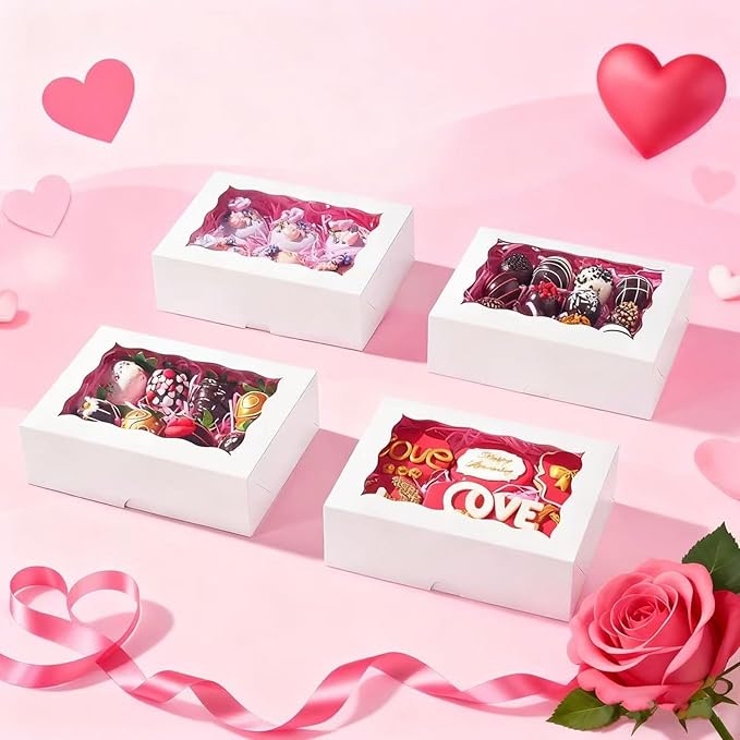 50PCS 8x6x2.5 Inch White Bakery Boxes with Window, Pastry Box for Chocolate Strawberries, Macarons, Truffles, Perfect for Valentine's Day, Mother's Day, Christmas Party Favors & Holiday