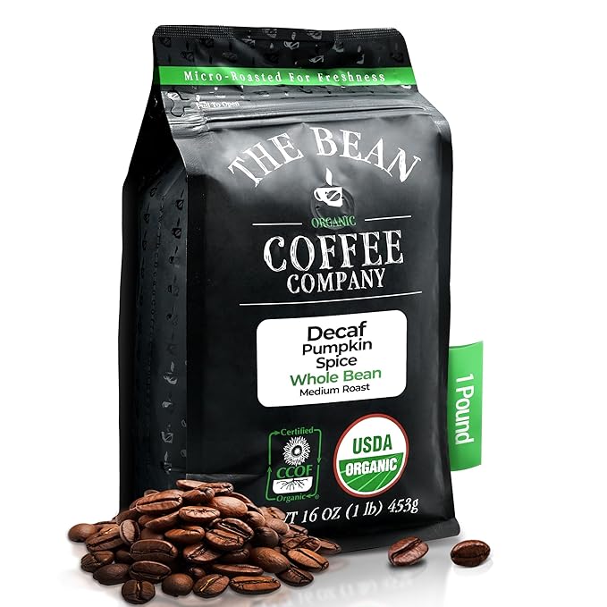 The Bean Organic Coffee Company Water Processed DECAF Pumpkin Spice, Medium Roast, Whole Bean Coffee, 16-Ounce Bag