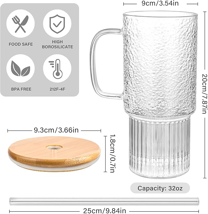 32oz Glass Cups with Handle and Bamboo Lids and Straws, 2 Pack Borosilicate Glass Tumblers for Iced Coffee, Smoothies, Fruit Drinks. Reuseable Glasses Cups for Cold/Hot Water