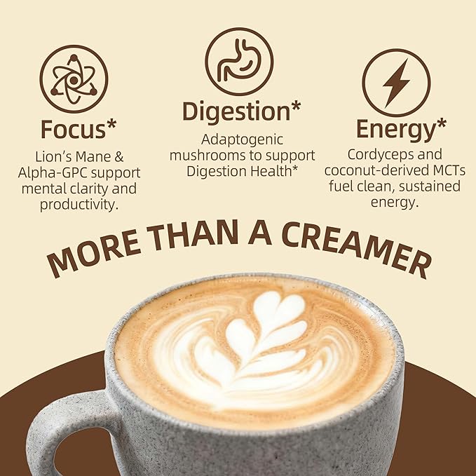 Mushroom Coffee Creamer, 50 Servings, 20-in-1 Superfood Coconut Creamer Powder with 14 Mushroom Supplements, Ashwagandha, Alpha-GPC, Magnesium Glycinate | Energy & Focus & Digestion | Non-Dairy, Keto