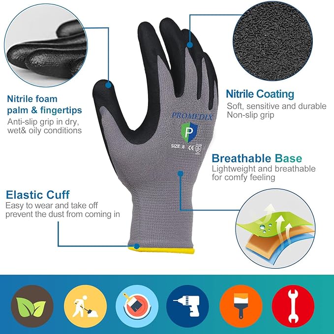 PROMEDIX P Nitrile Coated Work Gloves,MicroFoam Safety Work Gloves Men,Seamless Knit Nylon&spandex Gloves with Grip