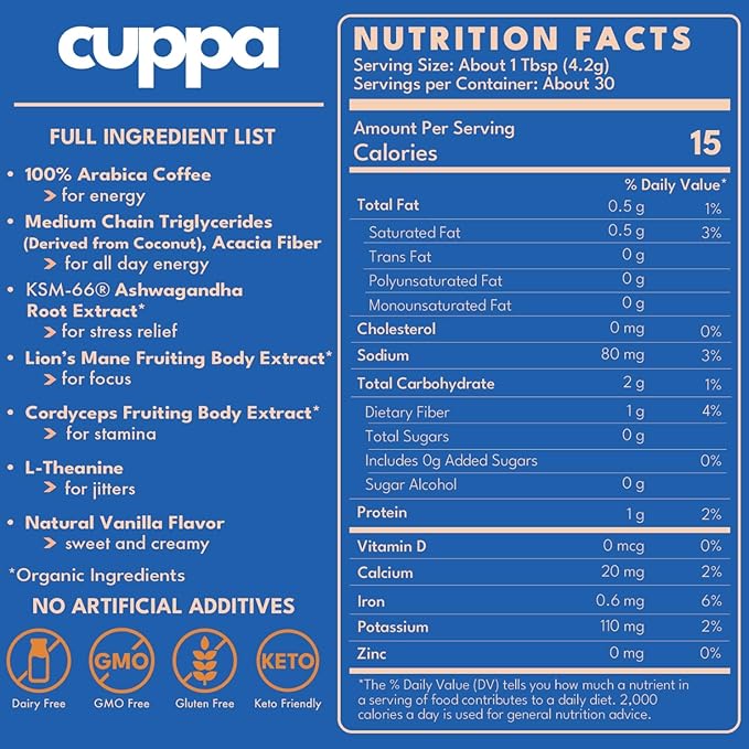 Cuppa French VanillaHealthy Mushroom Instant Coffee with Lion's Mane & Ashwagandha for All Day Energy & Focus - No Crash or Jitters - Nootropics for Brain Health, Gut Health, Immunity, Stress, Memory + Mood - 60 Servings
