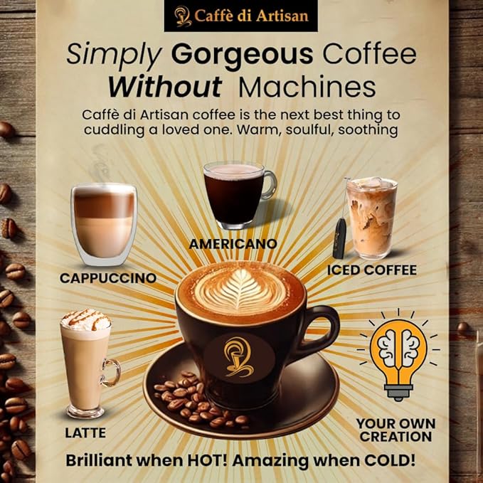Caffè di Artisan Liquid Coffee Pods – Premium Single-Serve for Cold Brew, Iced & Hot Coffee – Machine-Free, Eco-Friendly, Ready in Seconds. Rich Raro Arabica, Medium Roast with Frother – 24 Count.