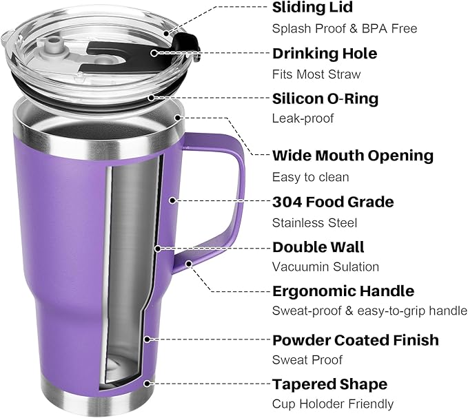 20 oz Tumbler with Handle, Stainless Steel Insulated Tumbler with Lid and Straw, Double Wall Vacuum Coffee Mug Tumbler, Insulated Coffee Thermal Cup for Cold and Hot (Purple)