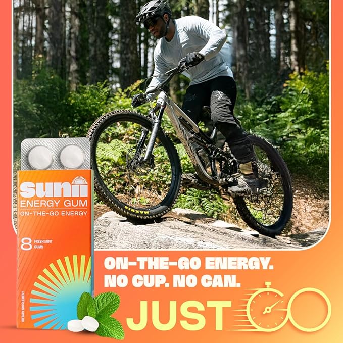 Sunii - Energy Gum - NEW Quick Boost Energy & Focus - 50mg Caffeine Gum -Vitamins B6 & B12, Taurine, Vegan, No Sugar, Zero Calorie, Fresh Mint Taste - Faster than Chews, Drinks, Gels & Pills (96pcs)