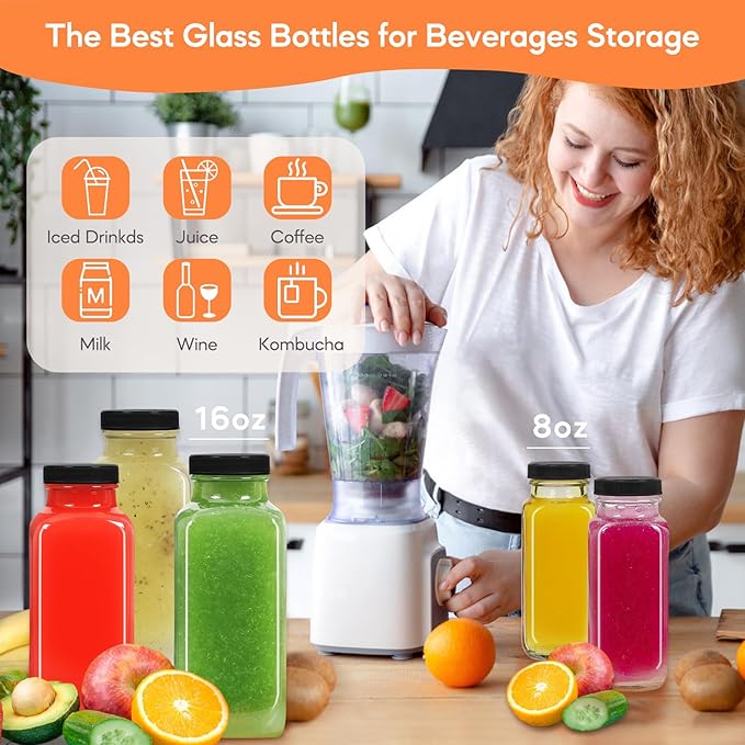 STARSIDE 16 oz Glass Juice Bottles with Lids 3 Pack - Square Reusable Drinking Jars for Juicing, Milk, Kombucha - Includes 1 Bottle Brush, 6 Colored Labels