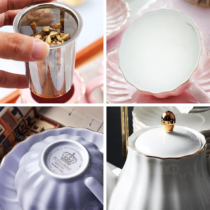 Porcelain Tea Sets British Royal Series, 8 OZ Cups& Saucer Service for 6, with Teapot Sugar Bowl Cream Pitcher Teaspoons and tea strainer for Tea/Coffee, Pukka Home(purple)