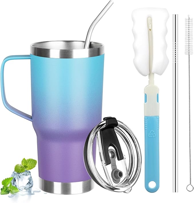 20 oz Tumbler with Handle, Stainless Steel Insulated Tumbler with Lid and Straw, Double Wall Vacuum Coffee Mug Tumbler, Insulated Coffee Thermal Cup for Cold and Hot (Blue Purple, 20 Ounces)