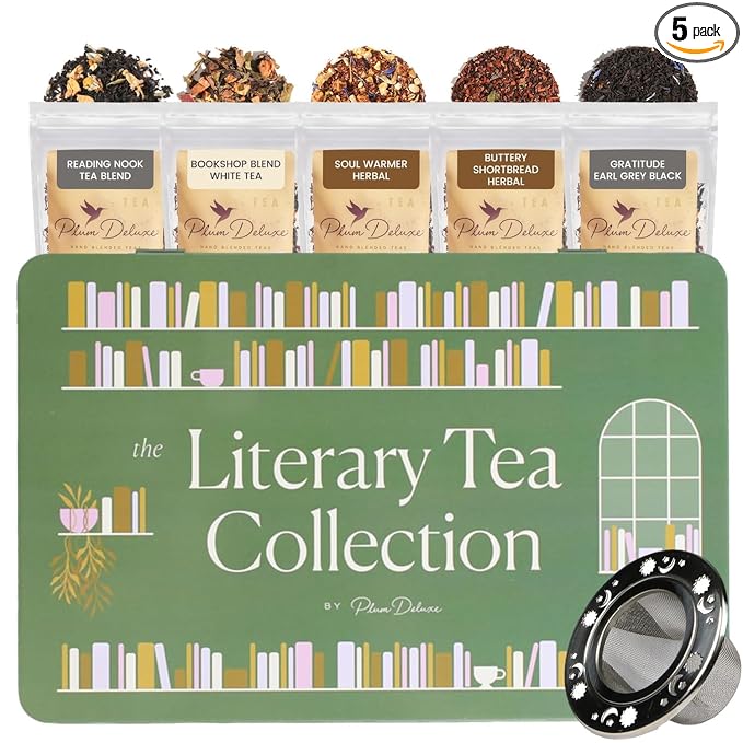 iterary Tea Collection Assorted Tea Gift Set - Hand-Crafted Loose Leaf Teas, Presentation Gift Box with Loose Leaf Steeper Included - Mixed Caffeine - 5 Unique and Flavorful Teas, 75+ Cups