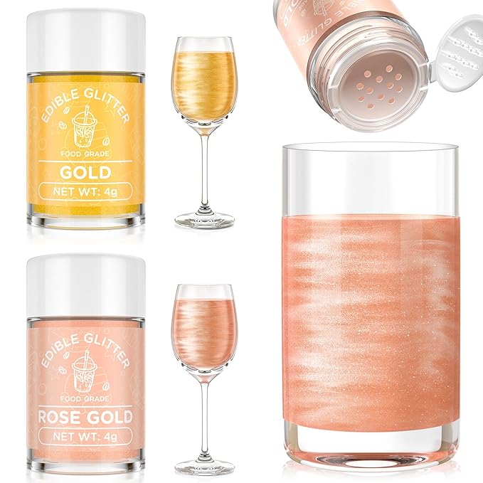Cherrysea Edible Glitter for Drinks Cocktails Food Grade Edible Drink Shimmer Powder for DIY Champagne Beverages Wine 2 Colors Vegan Edible Luster Dust Set 4g/Bottle Gluten Free - Rosegold & Gold