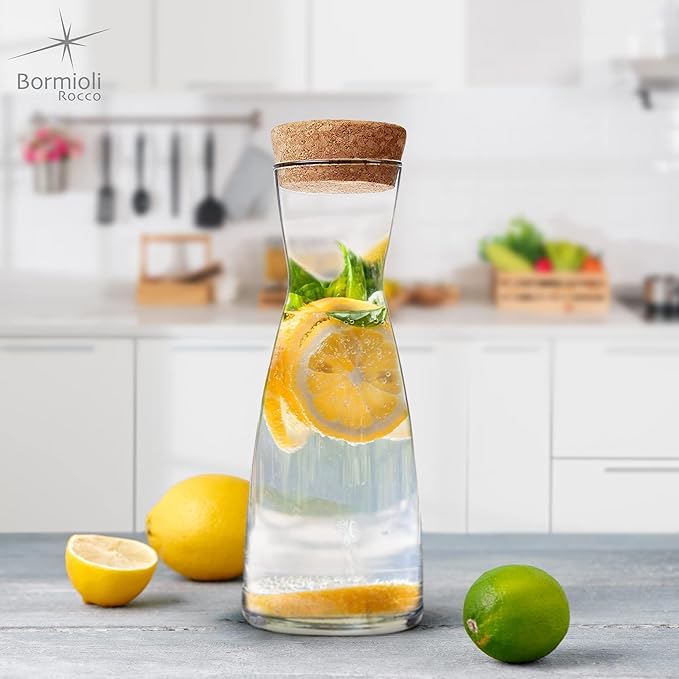 Bormioli Rocco Ypsilon Carafe Set with Cork Lids, Set of 2-36.25 oz Stylish Drink Set for Water, Milk, Juice, or Wine - Dishwasher Safe Modern Glassware for Dining & Entertaining