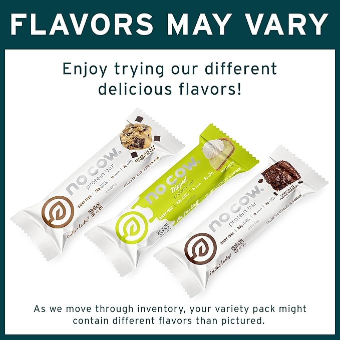 No Cow High Protein Bars, Dipped Variety Pack - Healthy Snack, 20g Vegan Protein, High Fiber, Low Sugar, Keto Friendly, Dairy & Gluten Free (12 Count)