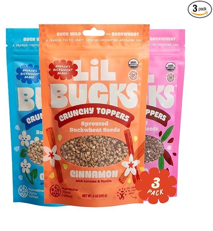 Lil Bucks Sprouted Regeneratively Grown Buckwheat Seeds– Paleo Cereal, Gluten-Free Granola, High in Protein, Low Sugar, Organic Superseed Crunch (Variety of Cacao, Cinnamon, Original, 3 Pack)