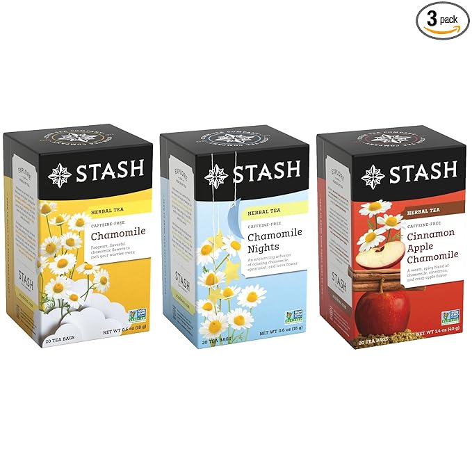 Stash Tea Sweet Dreams Chamomile Tea Sampler - Assortment of Non-Caffeinated Herbal Teas with No Artificial Ingredients, 18-20 Count (Pack of 3)